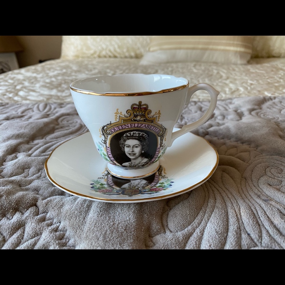 Vintage White and Gold Commemorative Teacup & Saucer